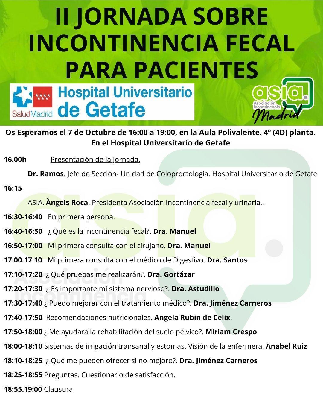 II Jornada sobre incontinencia fecal para pacientes. Getafe